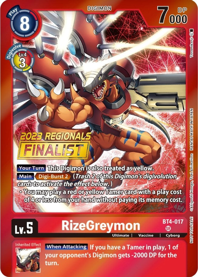 Image for RizeGreymon (2023 Regionals Finalist) (BT4-017 SR) (BT04) - Digimon Card Game