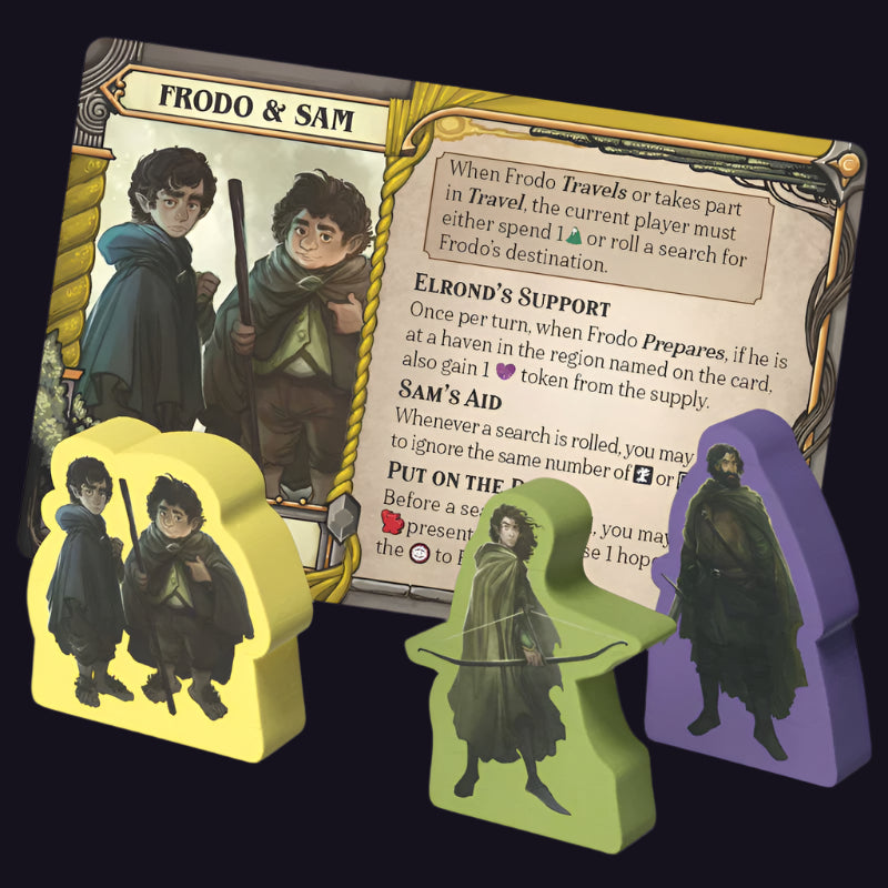 Game pieces and card featuring characters from 'The Lord of the Rings' on a white background