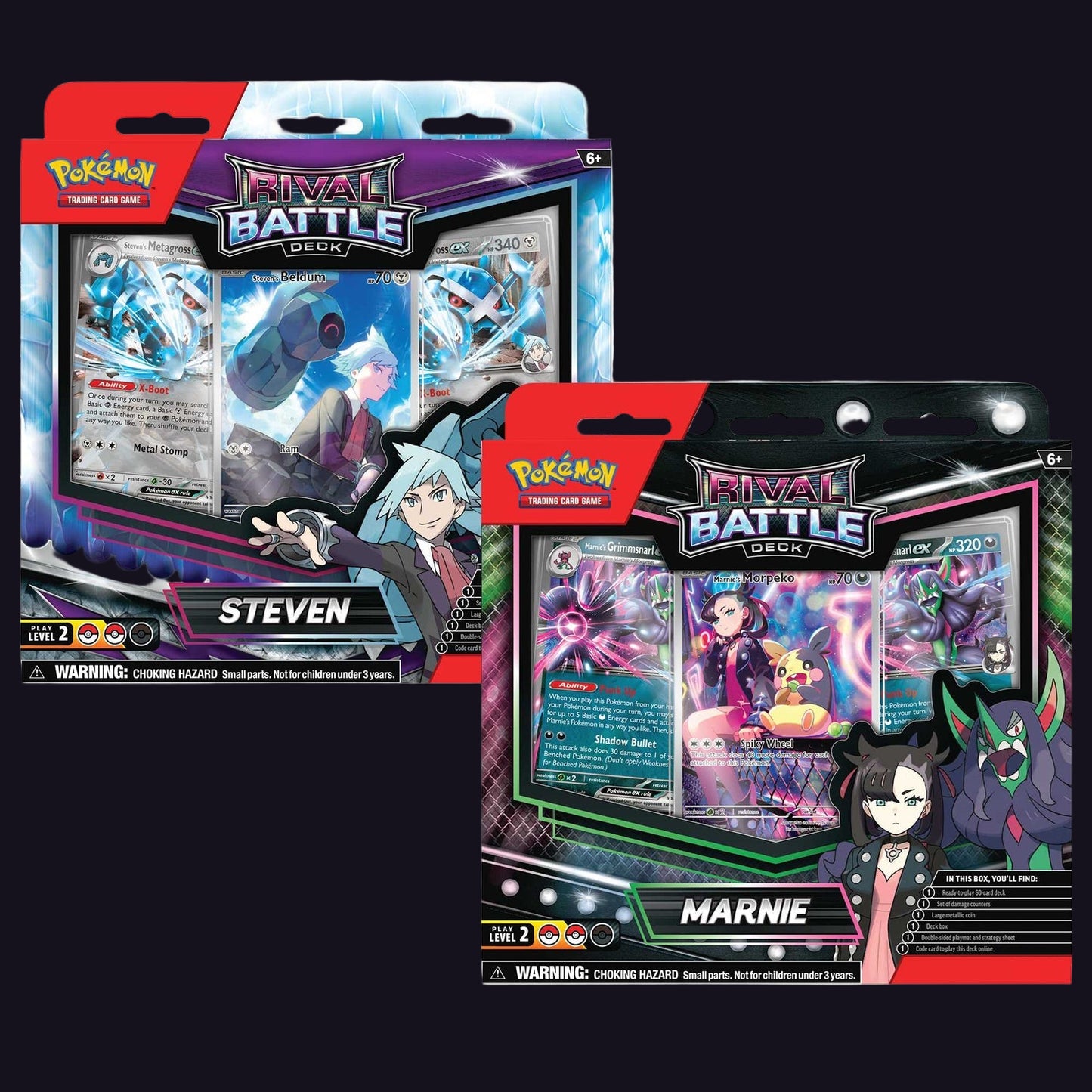 Two packs of Pokemon Rival Battle decks with character names Steven and Marnie on a white background.