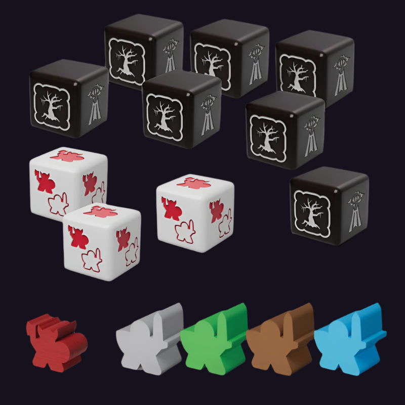 Set of black, white, red, green, brown, and blue game pieces on a white background