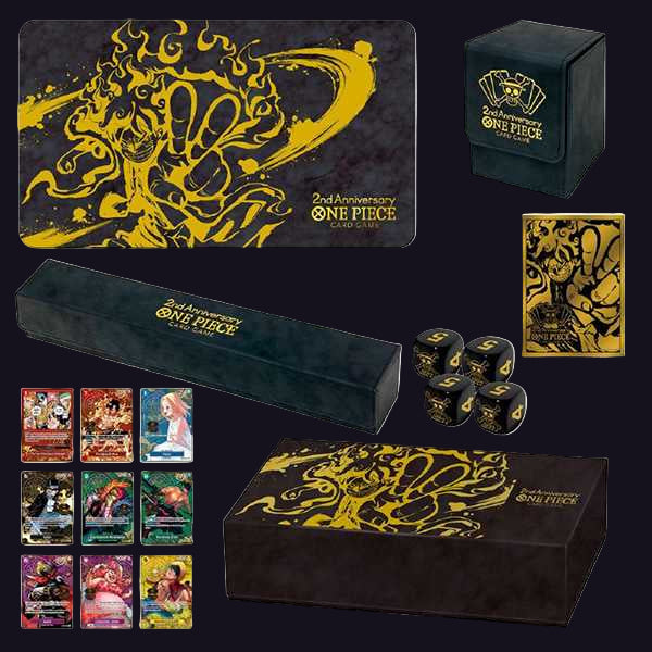 Collection of One Piece card game products including cards, dice, and packaging on a white background.