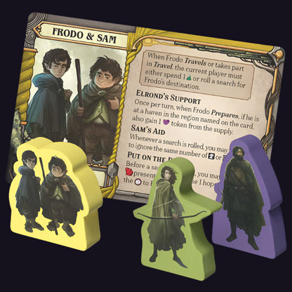 Game pieces and card featuring characters from 'The Lord of the Rings' on a white background